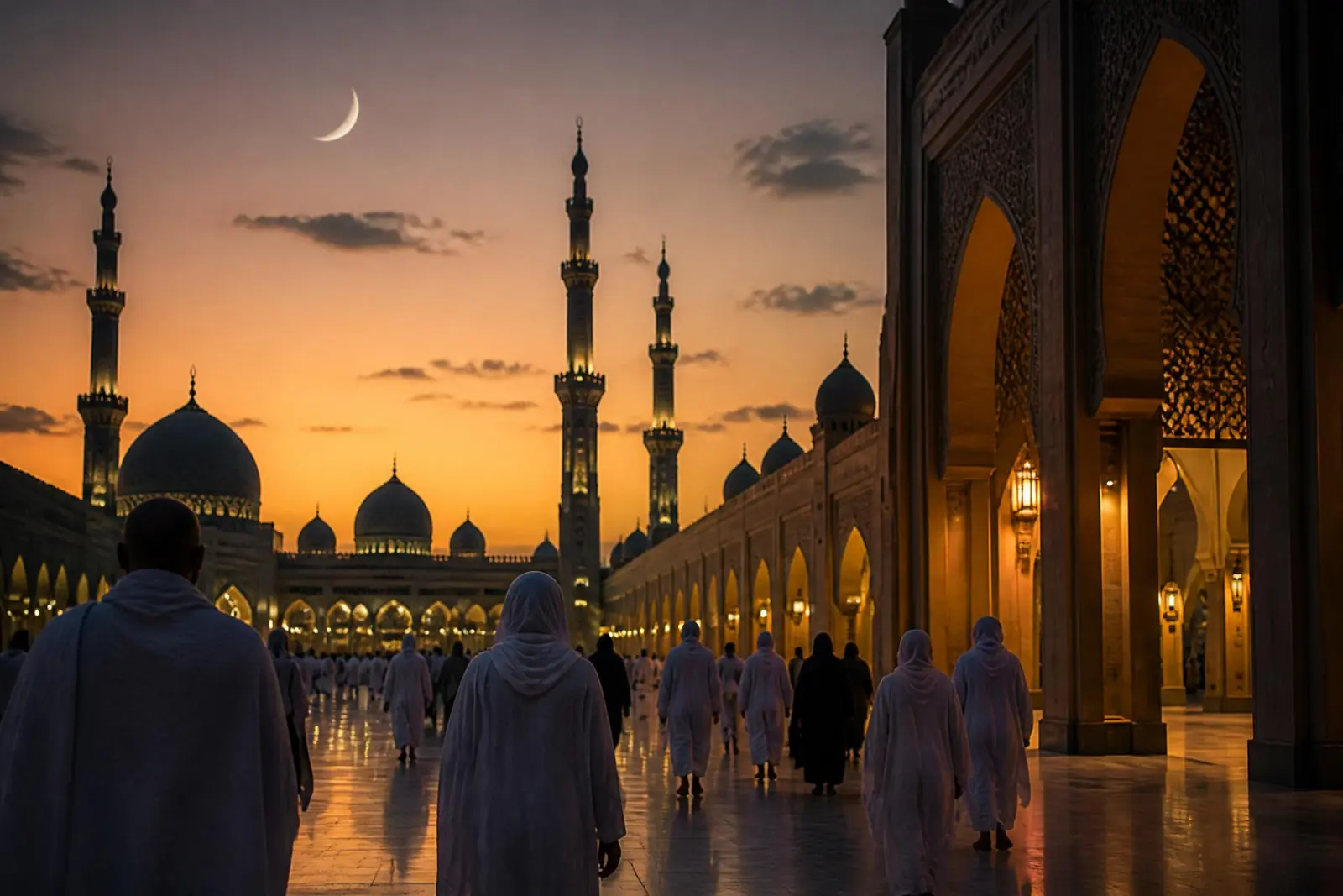 Pilgrims in ihram walking through a mosque courtyard at golden dusk beneath domes and minarets